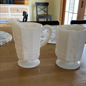 White Milk Glass Creamer and Sugar/Tumbler Set with Grape Motif